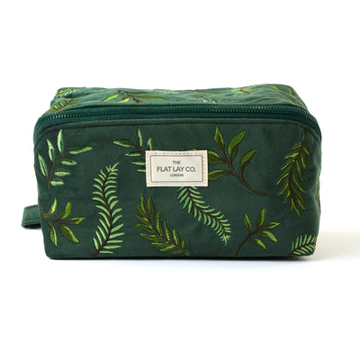 Flat Lay Makeup Box Bag - Green Leaves Embroidered Velvet