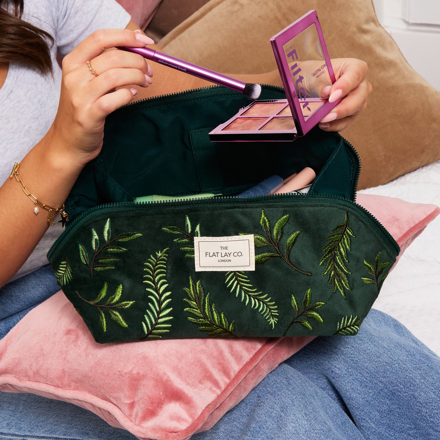 Flat Lay Makeup Box Bag - Green Leaves Embroidered Velvet