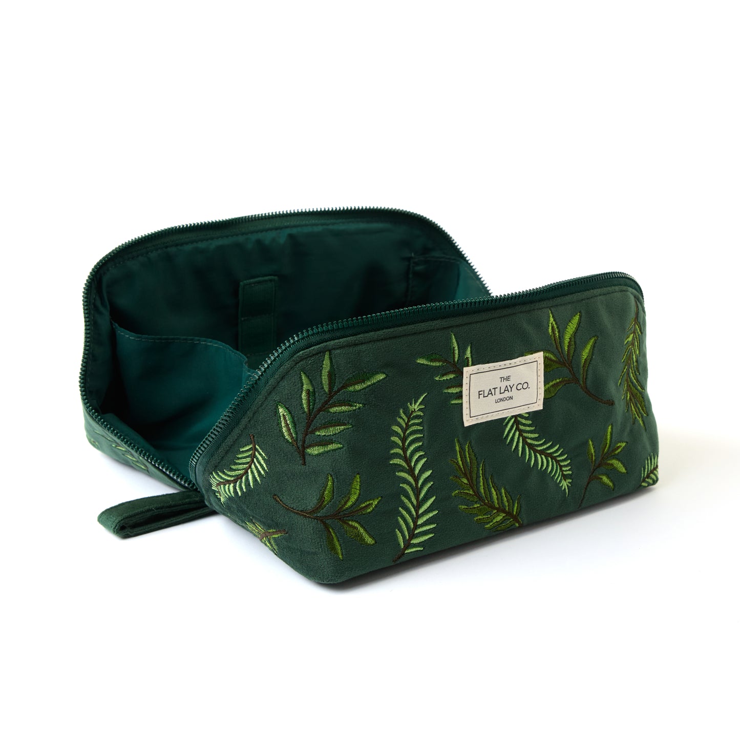 Flat Lay Makeup Box Bag - Green Leaves Embroidered Velvet