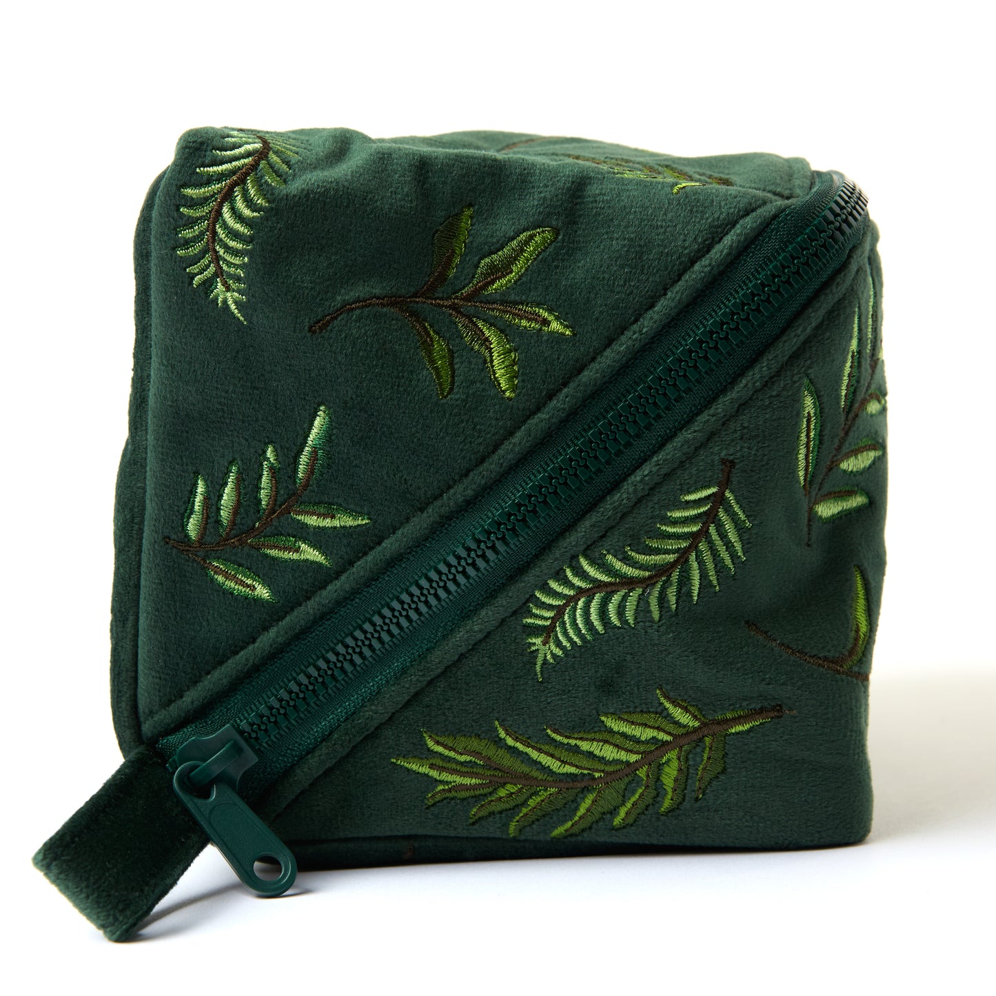 Flat Lay Makeup Box Bag - Green Leaves Embroidered Velvet