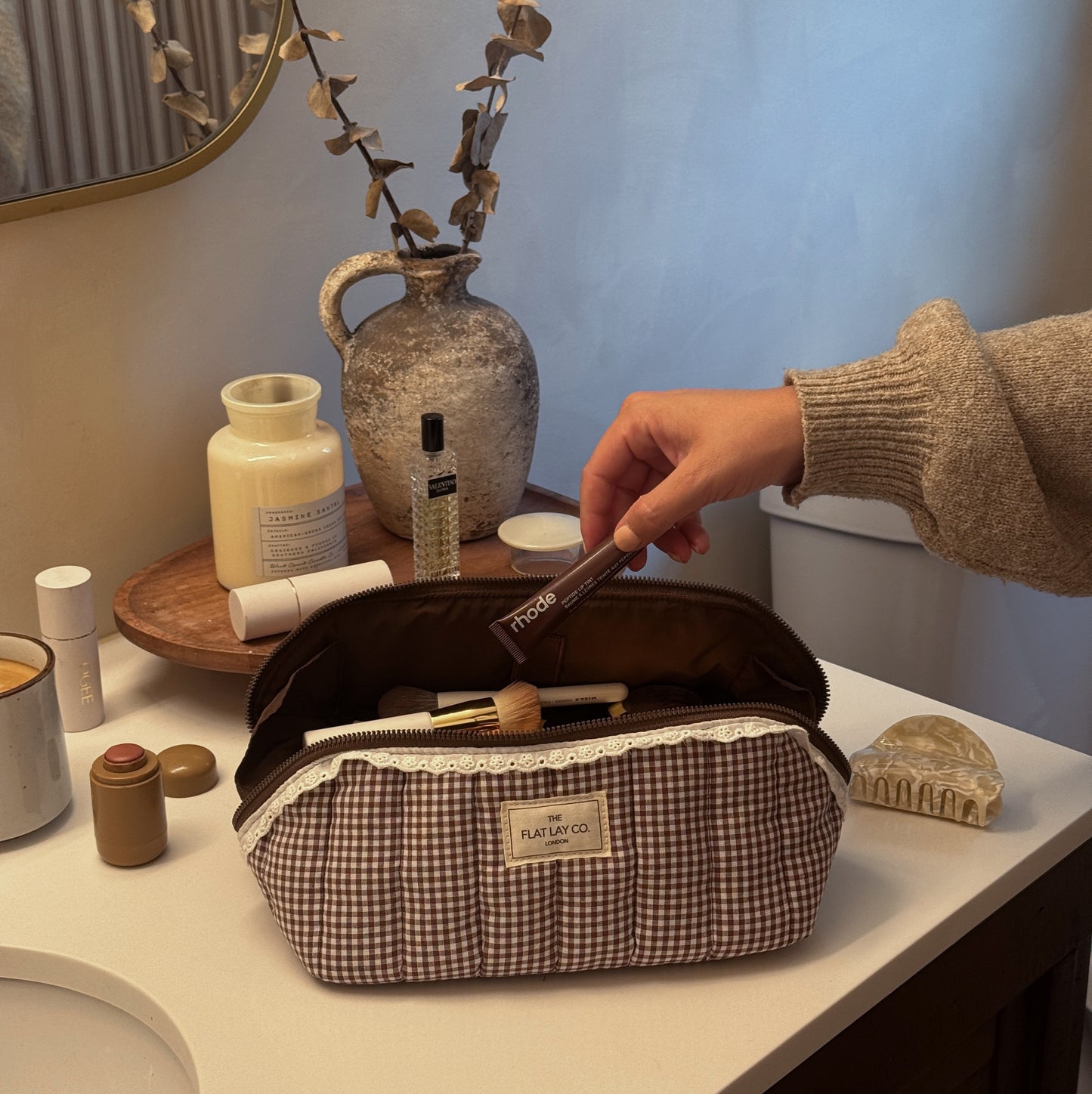 Marshmallow Flat Lay Makeup Box Bag - Mocha Gingham