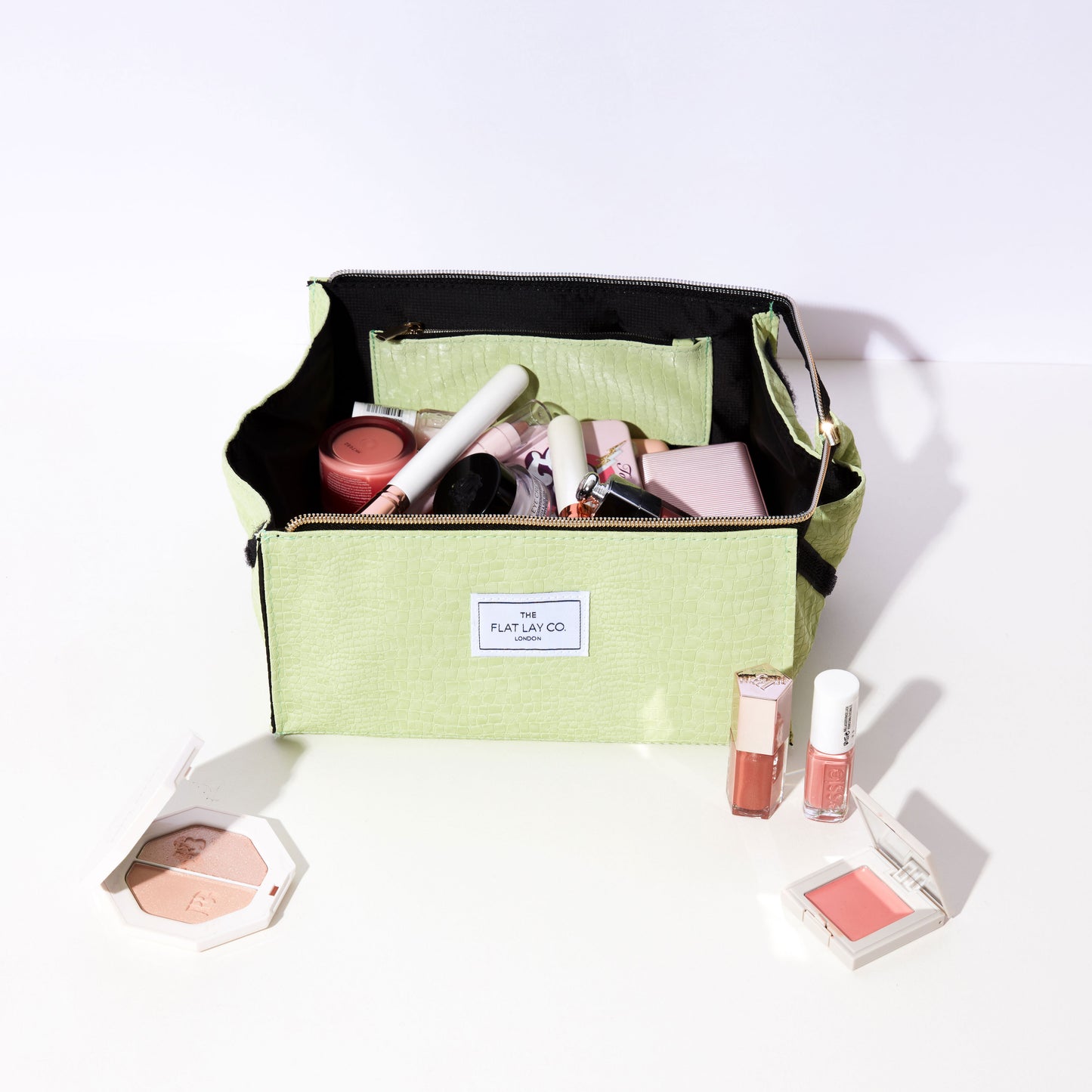 Green Croc Open Flat Makeup Box Bag and Tray