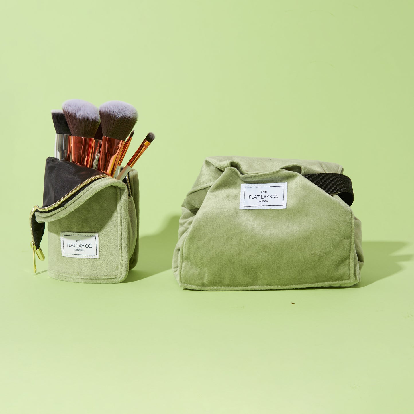 Sage Green Velvet Full Size Flat Lay Makeup Bag