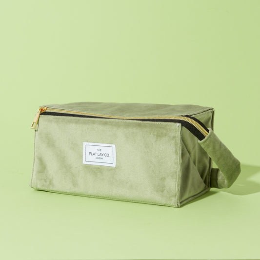 Sage Green Velvet Open Flat Makeup Box Bag and Tray