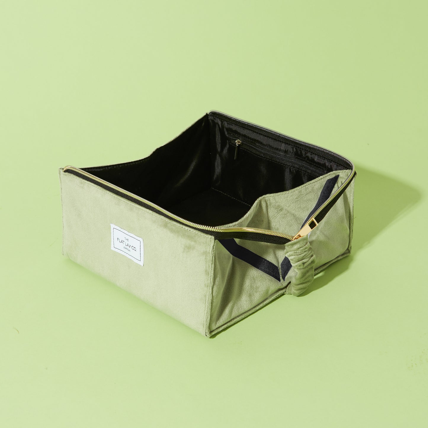 Sage Green Velvet Open Flat Makeup Box Bag and Tray