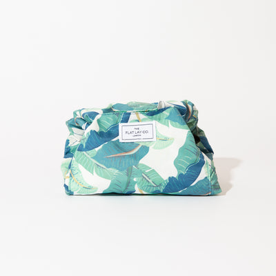 Tropical Leaves Drawstring Flat Lay Makeup Bag